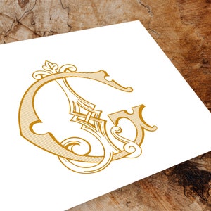 May include: A gold-colored monogram with the letters "G" and "S" intertwined in a decorative, ornate style.