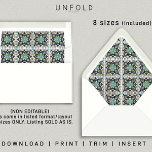 May include: Envelope liners with a blue, green, yellow, and black geometric pattern. The text "NON EDITABLE" is printed on the envelope. The text "Liners come in listed format/layout and sizes ONLY. Listing SOLD AS IS." is printed on the envelope. The text "8 sizes (included)" is printed on the envelope. The text "DOWNLOAD | PRINT | TRIM | INSERT" is printed on the envelope.
