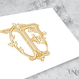Op de afbeelding: Een gouden letter F met sierlijke versieringen en een decoratieve rand. De letter staat op een witte achtergrond.