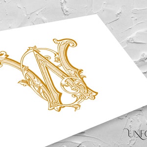 May include: A gold-colored monogram with the letters "W" and "N" intertwined in a decorative, ornate font. The letters are surrounded by intricate floral designs.