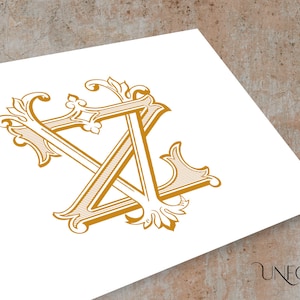 Può includere: Un monogramma dorato con le lettere "ZV" intrecciate in un carattere decorativo e ornato. Le lettere sono circondate da intricati disegni floreali.