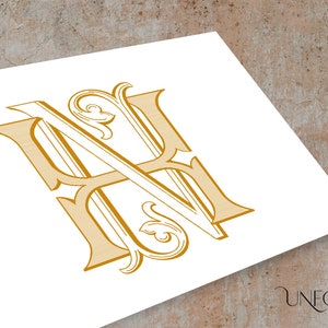 May include: A gold monogram with the letters "MH" intertwined in a decorative, stylized font.