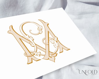 Könnte beinhalten: Ein goldenes Monogramm mit den Buchstaben "N" und "A", die mit verzierten floralen Designs ineinander verschlungen sind.