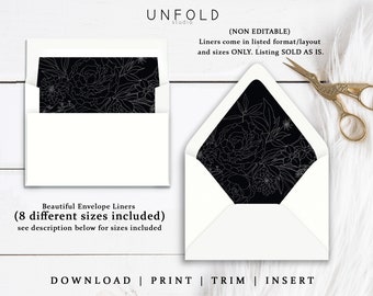 Printable A-2, A-7, A-8 Printable Envelope Liner Templates, PDF Instant Download - Black and White Ink Floral Printable Liner