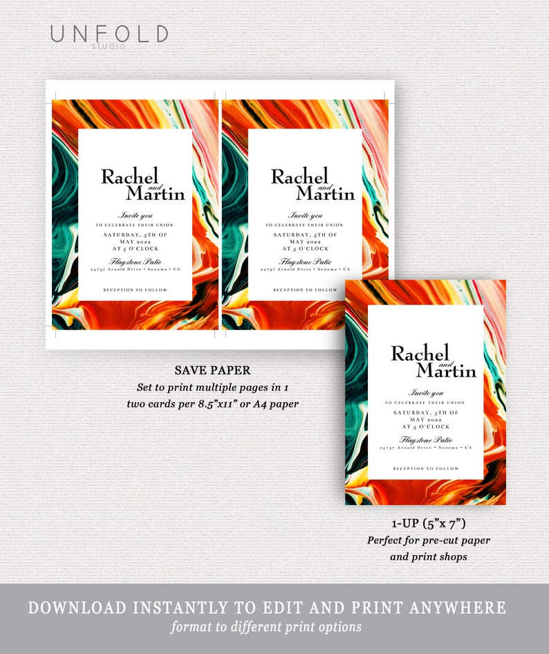 DIY Wedding announcement Set with invitation Wedding Invitation set Orange Abstract wedding suite details rsvp and reception cards
