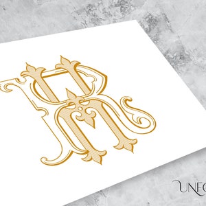 May include: A gold monogram with the letters "HM" intertwined in a decorative, ornate font.