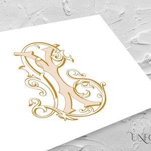 May include: A gold monogram initial letter "K" with ornate flourishes and swirls. The letter is set against a white background.