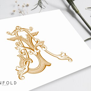 May include: A gold monogram with the letters "A" and "R" intertwined with ornate floral designs. The letters are in a vintage style font and the design is reminiscent of a wedding invitation.