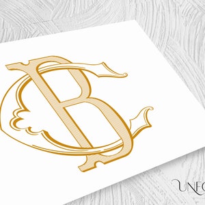 Könnte beinhalten: Ein goldfarbenes Monogramm mit den Buchstaben "B" und "C", die in einem eleganten Vintage-Stil miteinander verschlungen sind. Das Design ist auf weißem Hintergrund gedruckt, mit dekorativen Verzierungen und feinen Linien. Das Logo "Unfold Studio" befindet sich unten rechts.