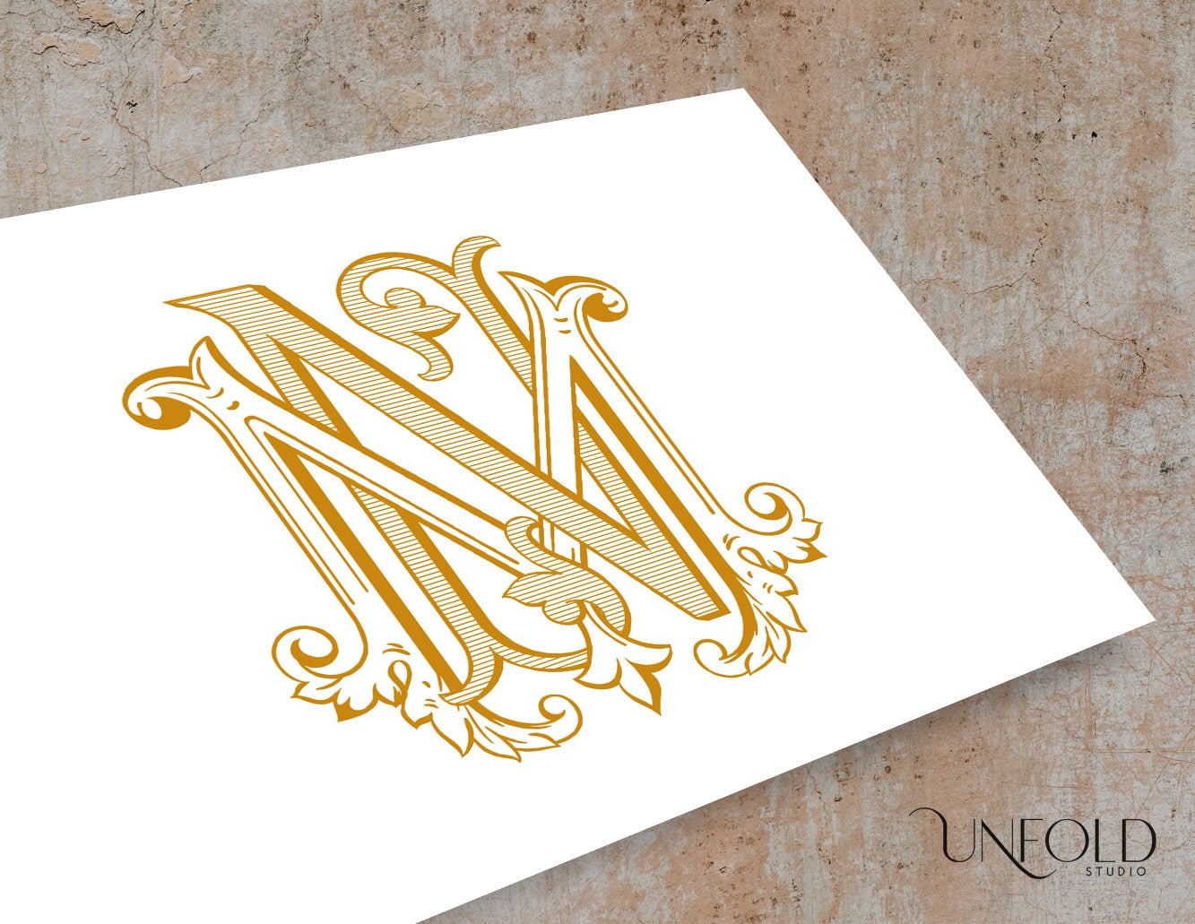 M and N Handpainted Interwoven Vintage Monograms, Wedding Monogram 