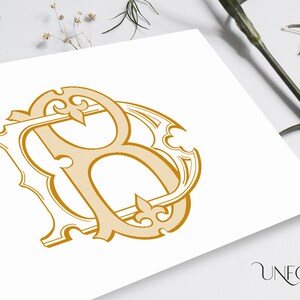 Könnte beinhalten: Ein goldfarbenes Monogramm mit dem Buchstaben "B", der in sich selbst verschlungen ist. Das Design ist aufwendig und verziert, im Vintage-Stil.