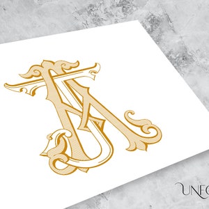 May include: A gold monogram with the letters "A" and "M" intertwined in a decorative, ornate style.
