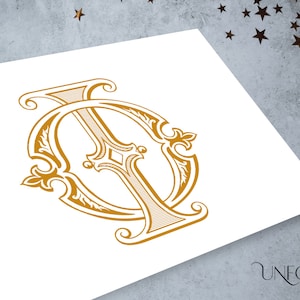 May include: A gold monogram with the letters I and O intertwined in a decorative, ornate font.