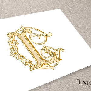 May include: A gold-colored, ornate, decorative letter L with a floral design.