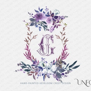 Purple Floral with Orchid and wild Flowers - watercolor crest, Purple Color Crest Design with your choice of interlocking monogram