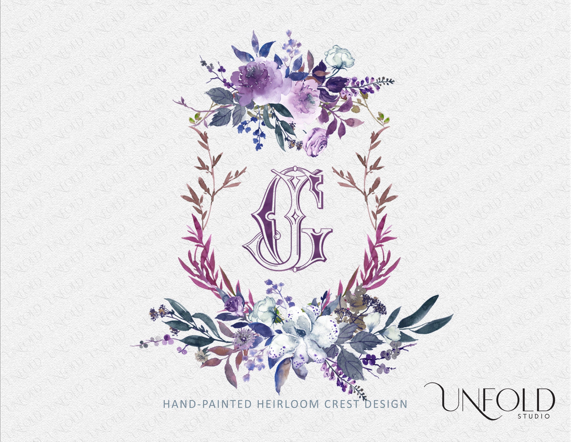 Purple Floral with Orchid and wild Flowers - watercolor crest, Purple Color Crest Design with your choice of interlocking monogram