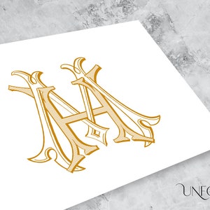 May include: A gold monogram with the letters "HA" intertwined in a decorative, stylized font.