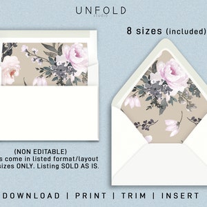 Puede incluir: Un conjunto de forros de sobres imprimibles con un patrón floral con flores rosas y grises sobre un fondo beige. El texto "NON EDITABLE" está incluido. El texto "Liners come in listed format/layout and sizes ONLY. Listing SOLD AS IS." está incluido. El texto "8 tamaños (incluidos)" está incluido. El texto "DOWNLOAD | PRINT | TRIM | INSERT" está incluido.