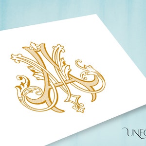 May include: A gold monogram with the letters "A" and "N" intertwined in a decorative, ornate font. The letters are surrounded by intricate floral designs.