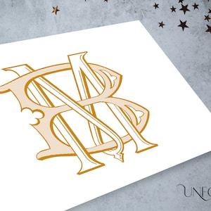 May include: A gold monogram with the letters "MB" intertwined in a decorative, stylized font.