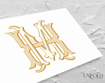 Iniciales de nombre MH o MH, monogramas clásicos, monograma de boda, duograma, digital, letras entrelazadas, iniciales de descarga instantánea para H & M