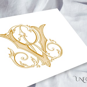 Może przedstawiać: Złoty monogram z literami "R" i "V" splecionymi ze sobą, otoczony ozdobnymi wzorami kwiatowymi.