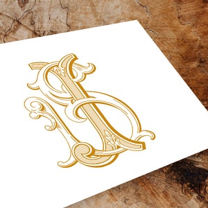Puede incluir: Un monograma dorado con las letras "S" e "I" entrelazadas en un estilo decorativo y ornamentado.