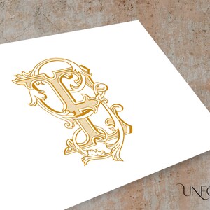 Puede incluir: Un monograma dorado con la letra "F" en una fuente decorativa y adornada. La letra está rodeada de intrincados diseños florales.