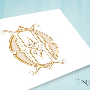 May include: A gold monogram initial "O" with intricate details and flourishes. The letter is surrounded by a decorative frame.