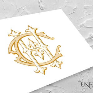 May include: A gold monogram with the letters "C" and "H" intertwined in a decorative, ornate style. The letters are surrounded by intricate flourishes and swirls.