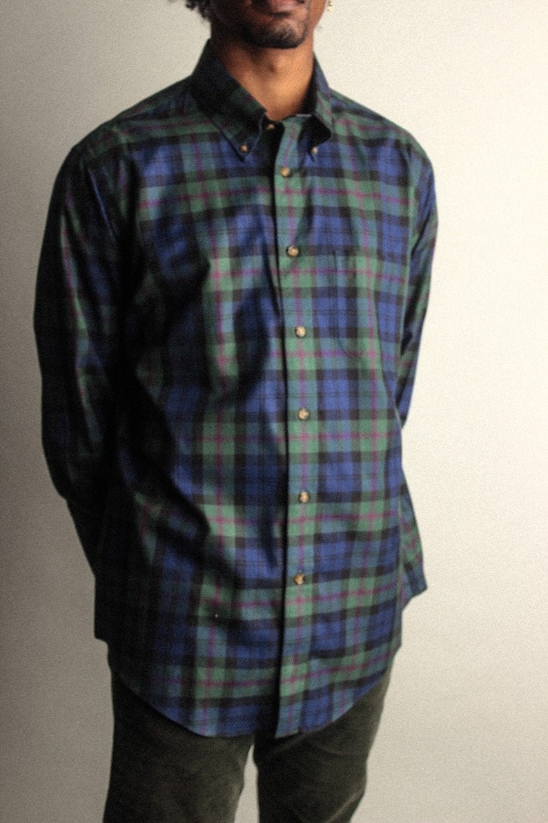 Green and Blue Men/'s Plaid Long Sleeve Vintage Button Up Size Large with Pocket