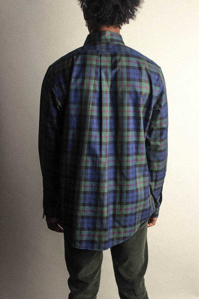 Green and Blue Men/'s Plaid Long Sleeve Vintage Button Up Size Large with Pocket