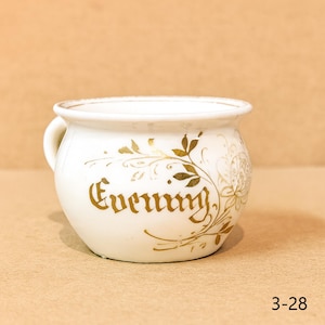 May include: A small, white ceramic cup with a handle, featuring the word "Evening" in gold script. Gold floral and leaf designs adorn the cup's exterior, with a gold rim. The number "3-28" is visible in the bottom right corner.