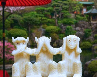 Hand Carved Bone Three Wise Monkeys Figurine, Vintage Mid-Century Bone and Wood Sculpture, See No Evil Hear No Evil Speak No Evil
