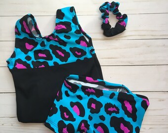 Leopard Gymnastics Leotard, Toddler Gymnastics Outfit, Girls Leotard and shorts, Gift for gymnast, 6 12 18 months, 2T, 3T, 4T, 5, 6, 8,10,12