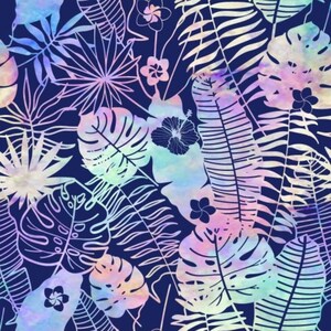 May include: A seamless pattern featuring white tropical leaves and flowers on a dark blue background. The leaves and flowers are outlined in white and have a watercolor effect with iridescent colors.