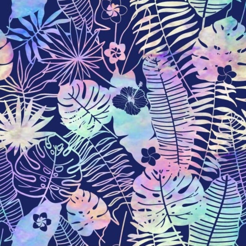 May include: A seamless pattern featuring white tropical leaves and flowers on a dark blue background. The leaves and flowers are outlined in white and have a watercolor effect with iridescent colors.