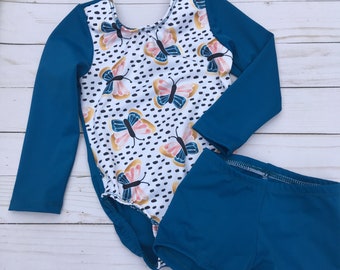 Girls Gymnastics Long Sleeve Leotard 3 piece SETS, Toddler Floral Leotard Shorts Scrunchie set, Tie Dye Dance outfit, MULTI