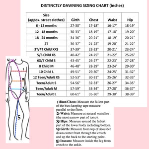 May include: A sizing chart for children's and adult clothing, with a diagram showing where to measure the bust, waist, hips, and girth. The chart includes measurements in inches for different sizes, from 6-12 months to Teen/Adult L.