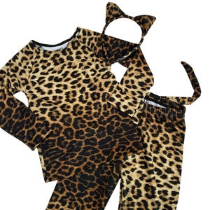May include: A leopard print costume set, including a long-sleeved top, leggings, a headband with cat ears, and a tail. The set features a brown and black spotted pattern. The costume is designed for children.