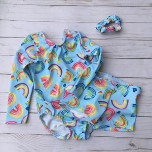 Rainbow & hearts Gymnastics Leotard, LT BLUE Long Sleeve Dance leotard, Pastel Bodysuit, 12 18 months, 2T,3T,4T,5,6, 7, 8, gymnast gift