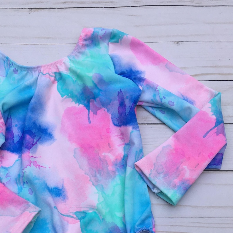 Biketard Long Sleeves, Girls Gymnastics Leotard, Toddler Long Sleeve Unitard, Dance Costume, 6 12 18 months, 2T,3T,4T,5,6,8, Gymnastics Gift Pastel Splatter