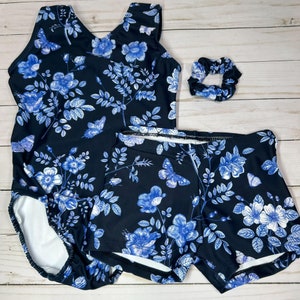Toddler Gymnastics Leotard, Baby FRENCH FLORAL BLUE Dance Leotard, Girls Flower Cheer Shorts, gymnastics dance gift, Girls Blue White leo