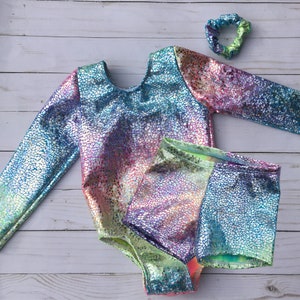 Sparkly Gymnastics Leotard, Shiny Long Sleeve Dance leotard, Pastel Tie Dye Unicorn Bodysuit, 12 18 months, 2T,3T,4T,5,6, 7, 8, gymnast gift