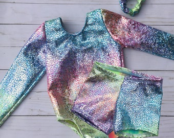 Sparkly Gymnastics Leotard, Shiny Long Sleeve Dance leotard, Pastel Tie Dye Unicorn Bodysuit, 12 18 months, 2T,3T,4T,5,6, 7, 8, gymnast gift