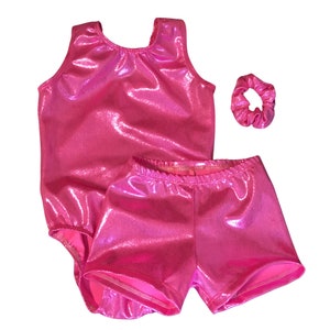 May include: A pink leotard and matching shorts with a sparkly finish. A pink hair scrunchie is included.