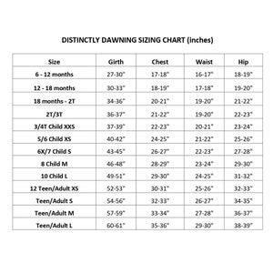 May include: A sizing chart for clothing, showing measurements in inches for different sizes, from 6-12 months to Teen/Adult L. The chart includes measurements for girth, chest, waist, and hip.