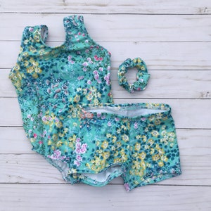 Floral Girls Gymnastics Leotard, Toddler Teal flower leotard, Dance, Bodysuit, Gift for gymnast, 6 12 18 months, 2T 3T 4T 5T 6 8 10 12