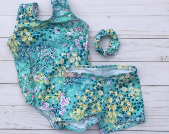 Floral Girls Gymnastics Leotard, Toddler Teal flower leotard, Dance, Bodysuit, Gift for gymnast, 6 12 18 months, 2T 3T 4T 5T 6 8 10 12