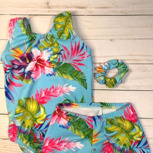 Girls Gymnastics Leotard Shorts, Preschool Dance set, Floral Pink Blue Tank Leotard, Toddler Dance, Gymnastics Gift, Gift for Dancer